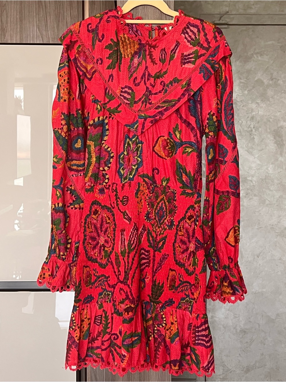 FARM Rio Red Multicolor Floral Ruffle Long-Sleeve Dress